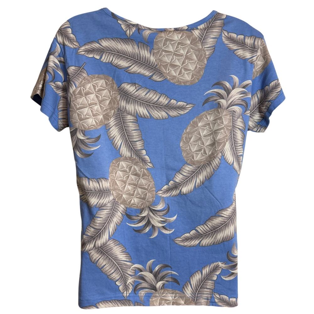 Hibiscus Hawaii Top Large L Blue Pineapple V-Neck Short Sleeve Women Aloha New - Picture 5 of 9